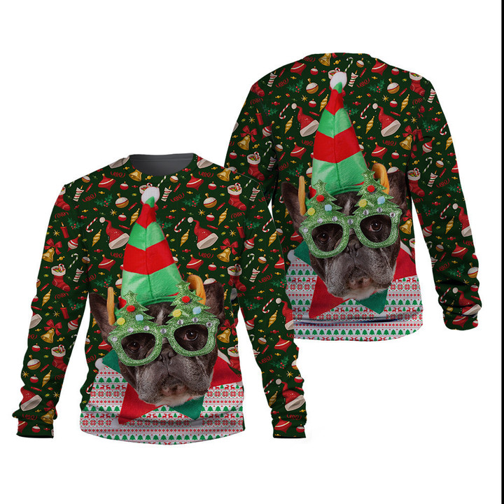 French Bulldog Cute Christmas In Green And Red Sweatshirt