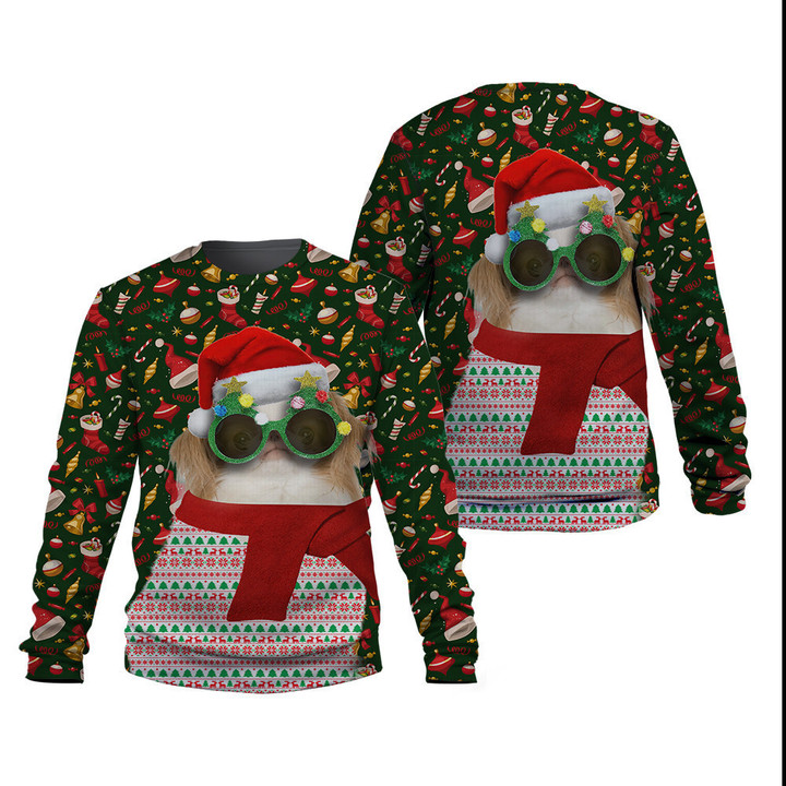 Japanese Chin Cute Christmas In Green And Red Sweatshirt