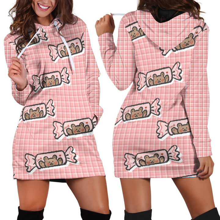 Cute Bear Candy Cartoon Drawing In White And Pink Plaid Hoodie Dress 3D