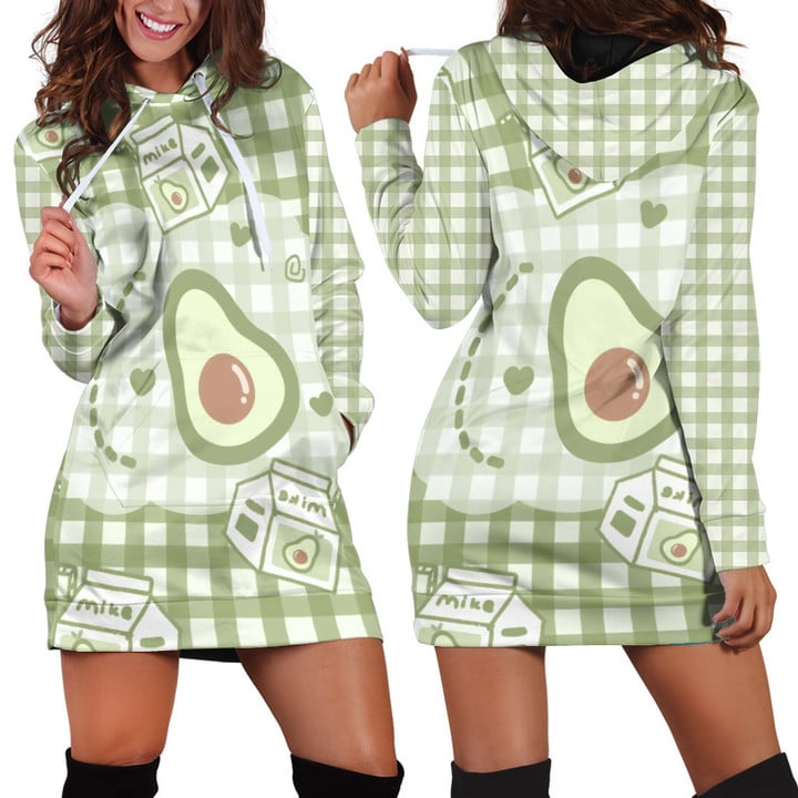 Cute Avocado And Milk Bottle Cartoon Drawing In White And Green Plaid Hoodie Dress 3D