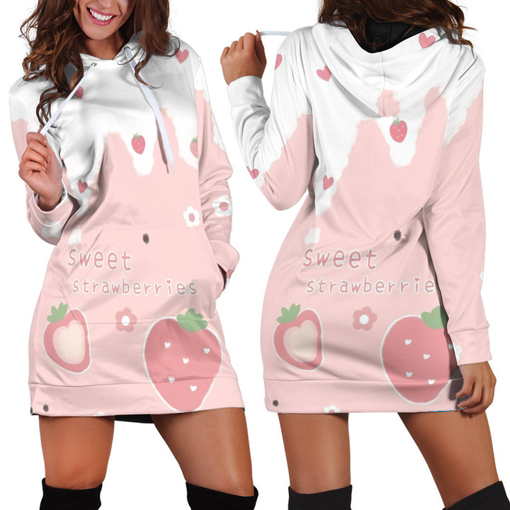 Sweat Strawberries And Flowers Cartoon Drawing In Pink And White Hoodie Dress 3D