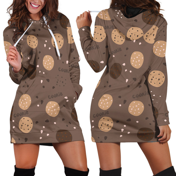 Cute Cookies And Dark Chocolate Drawing In Dark Brown Hoodie Dress 3D