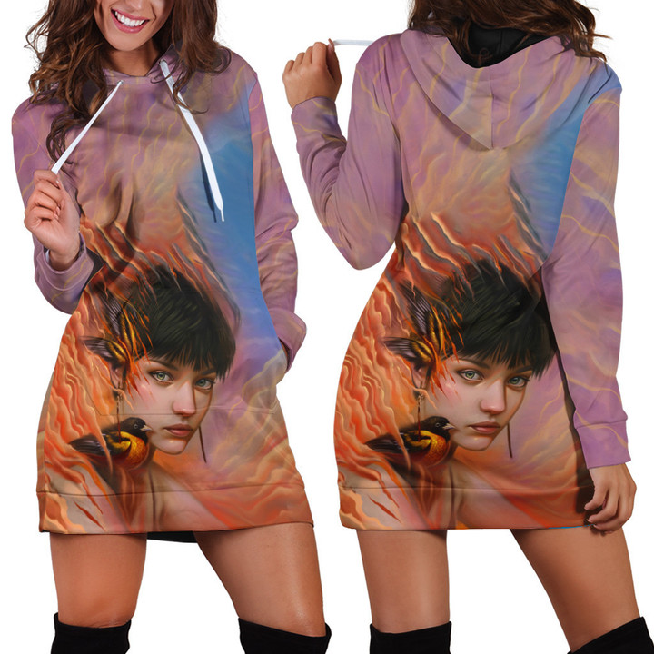 Short Hair Girl With Birds Fire Effect In Purple And Blue Hoodie Dress 3D