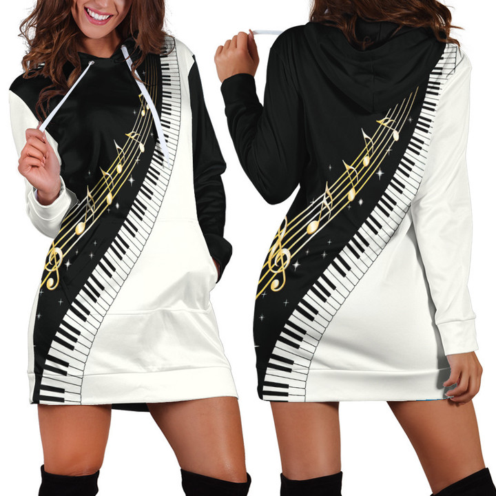 Piano Keyboard And Music Notes Creativity Art In Black And White Hoodie Dress 3D