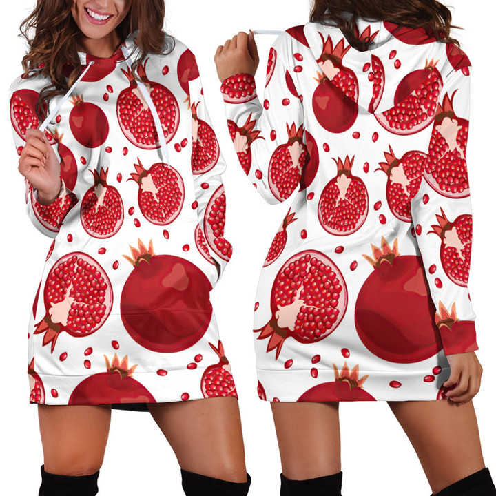 Red Pomegranate Pattern In White Hoodie Dress 3D