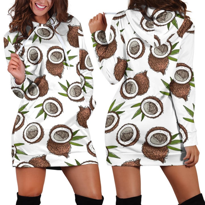 Coconut Drawing Patterns In White Hoodie Dress 3D