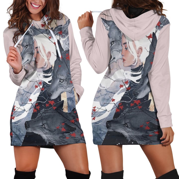 White Hair Girl With Wolves And Red Leaves Aesthetic Art In Light Pink Hoodie Dress 3D