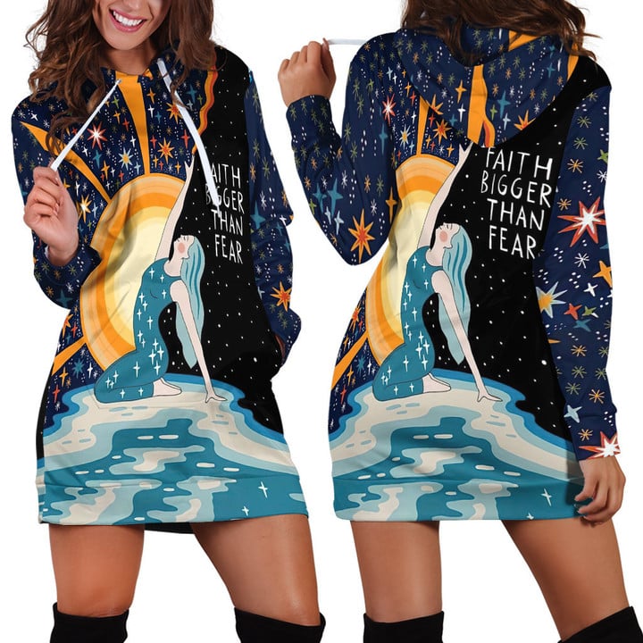 Girl With Sun And River Yoga Faith Bigger Than Fear Aesthetic Art In Blue Hoodie Dress 3D
