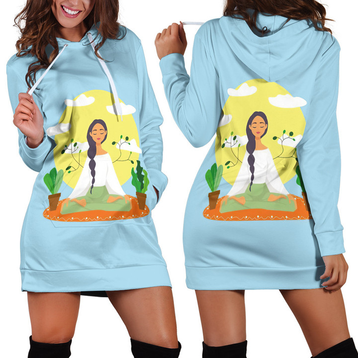 Girl Sitting On Mat With Giant Sun And Cloud Yoga Art In Sky Blue Hoodie Dress 3D