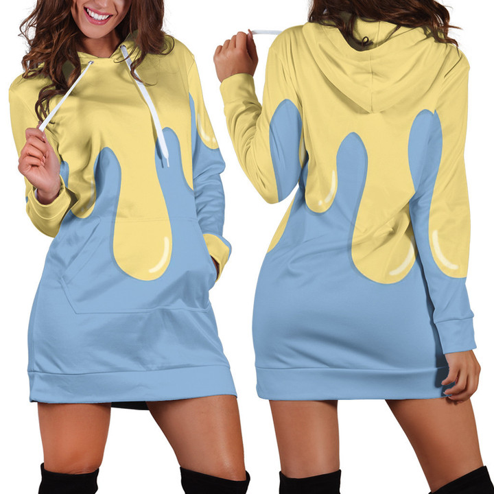 Yellow Dripping Effect Illustration In Blue Hoodie Dress 3D