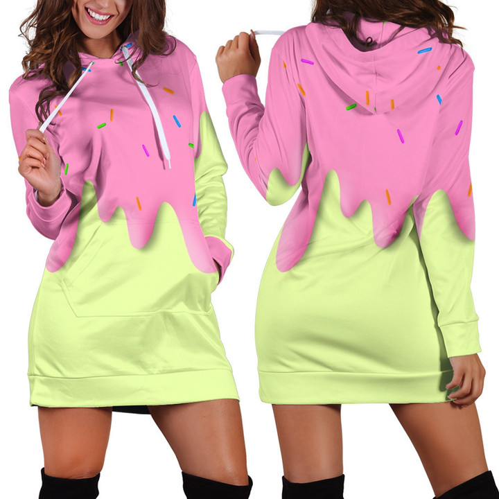 Pink Ice Cream Colorful Dripping Illustration In Green Hoodie Dress 3D