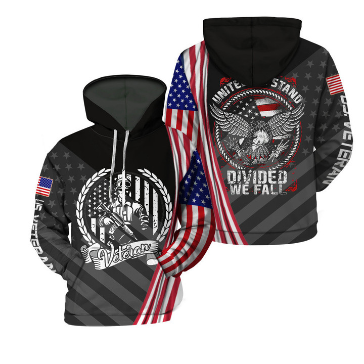 Veteran Divided We Fall Eagle Logo American Flag Black 3D Hoodie