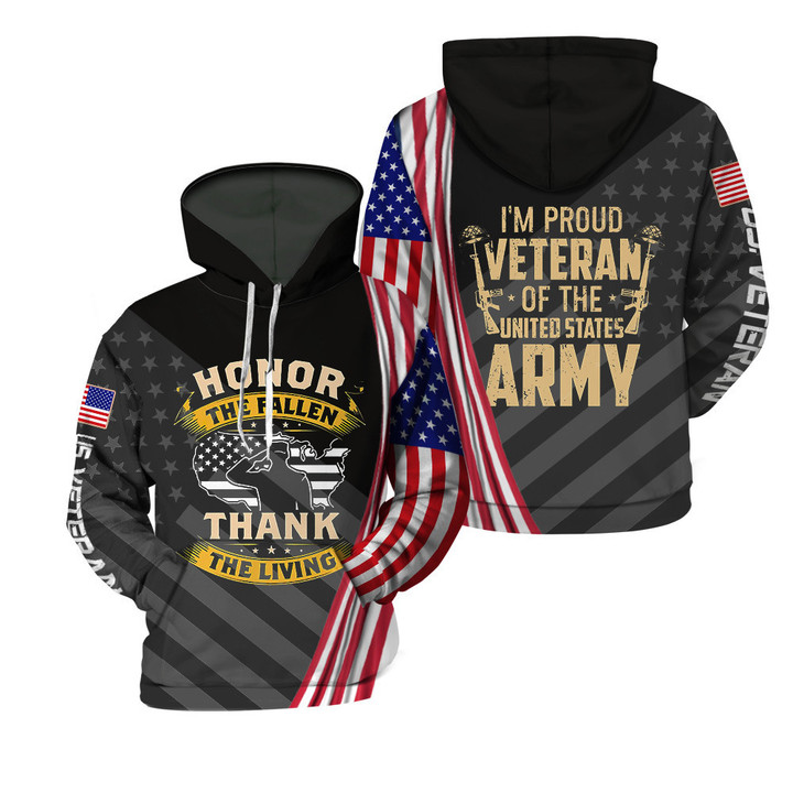 Honor The Fallen Thank The Living US Veteran American Flag Black 3D Hoodie