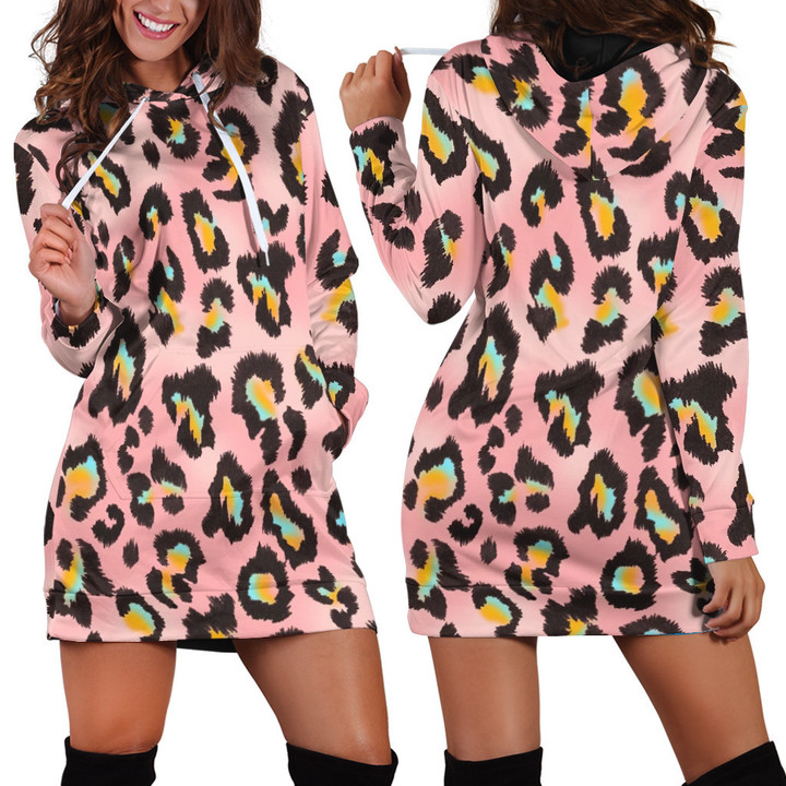 Black Mint And Yellow Leopard Skin Animal Skin Pattern In Pink Hoodie Dress 3D