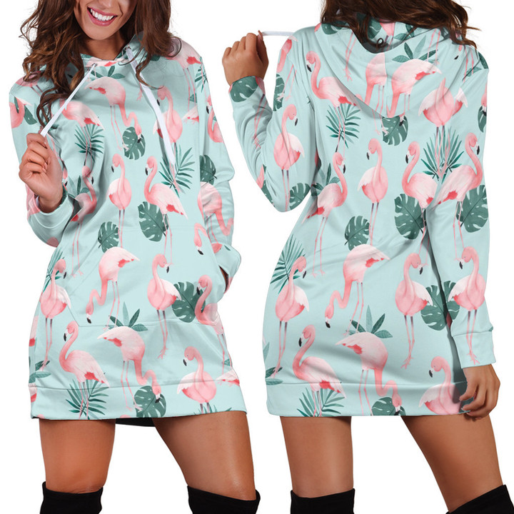 Seamless Tropical Flamingo Pattern In Mint Hoodie Dress 3D