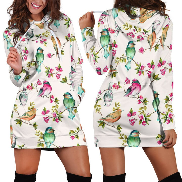 Seamless Colorful Bird Standing On Flower Branches Art In White Hoodie Dress 3D