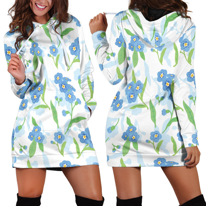Blue Lapis Flowers Seamless Pattern Art In White Hoodie Dress 3D