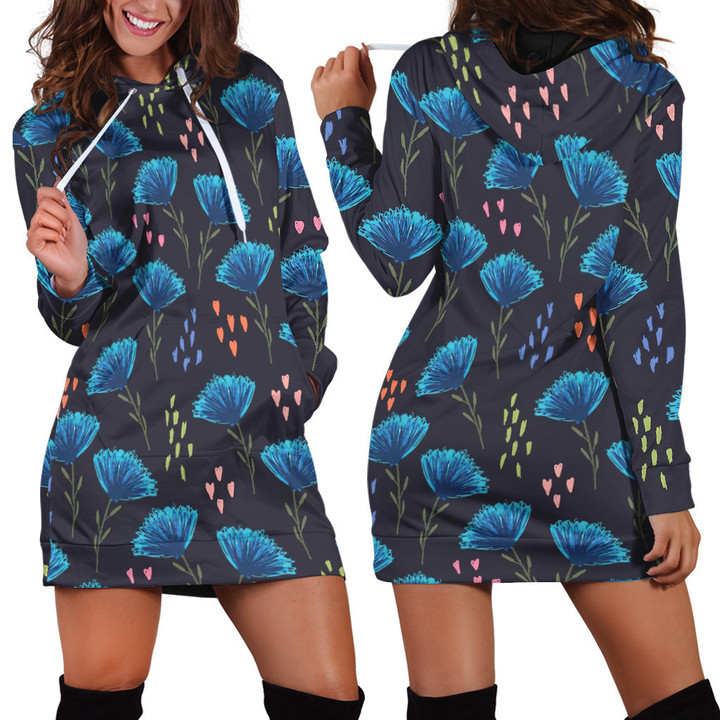 Cute Blue Floral With Heart Shape Seamless Pattern In Black Hoodie Dress 3D