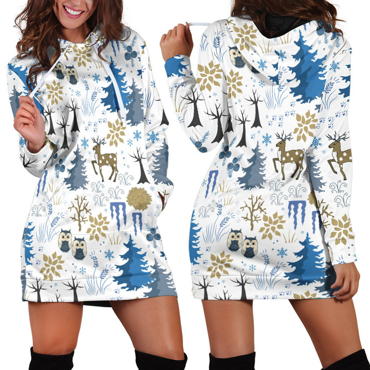 Christmas Pattern In White And Blue Hoodie Dress 3D