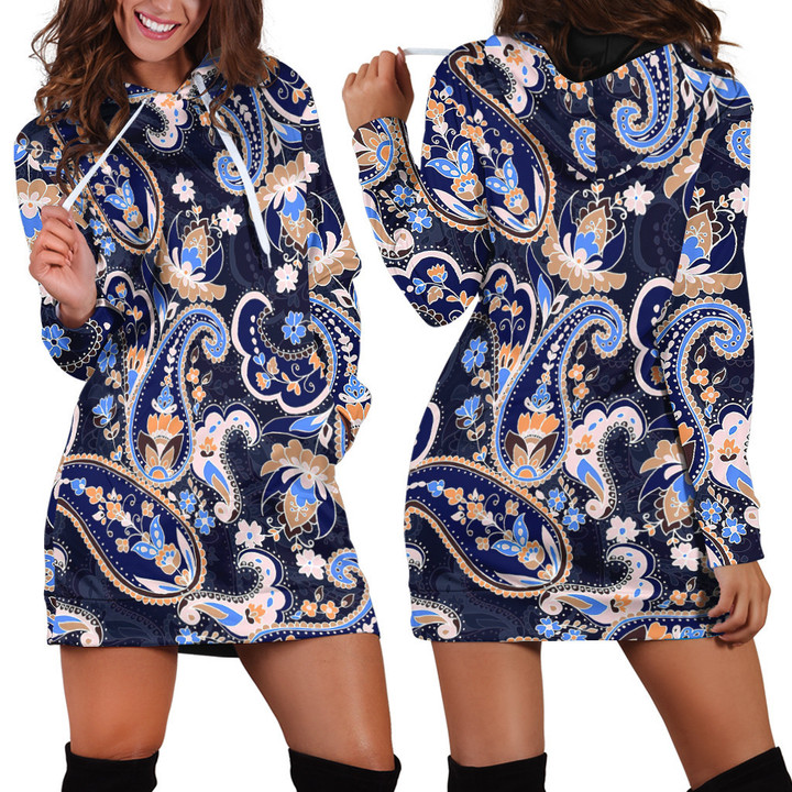 Paisley Floral Pattern In Navy Blue Hoodie Dress 3D
