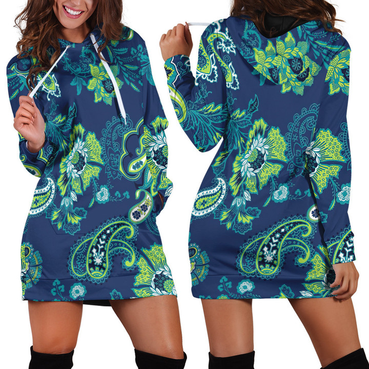 Paisley Floral Pattern In Navy Blue And Black Hoodie Dress 3D
