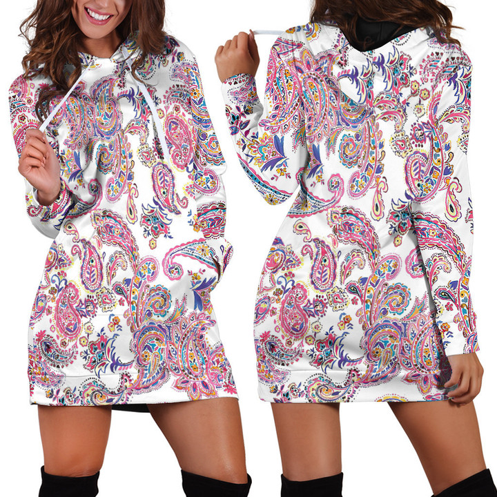 Paisley Floral Pattern In White And Pink Hoodie Dress 3D