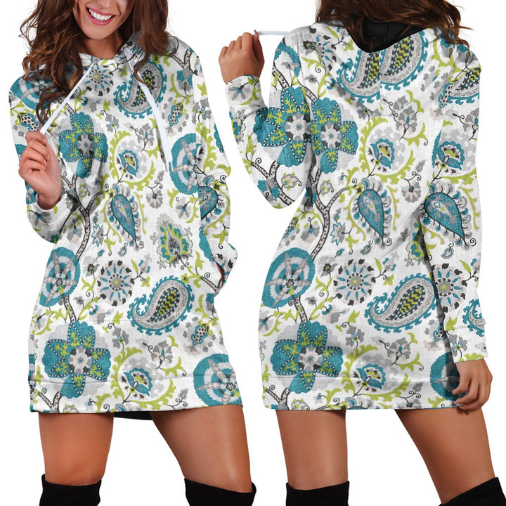 Paisley Floral Pattern In Blue And White Hoodie Dress 3D