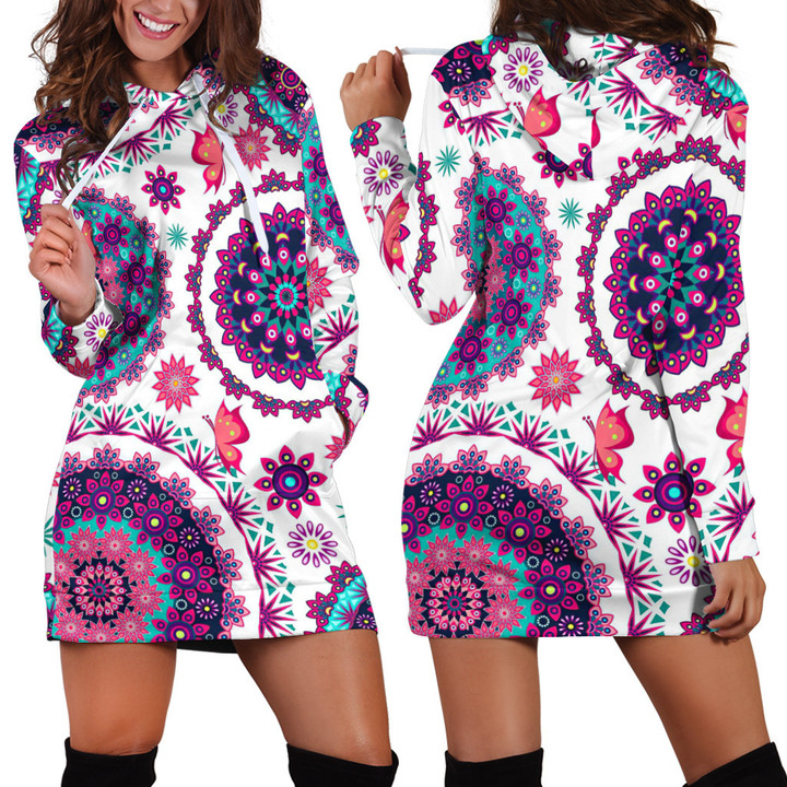 Floral Pattern Print In Pink And White Mandala Hoodie Dress 3D