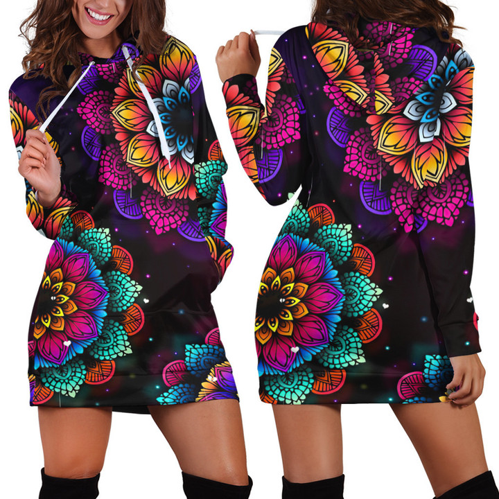Floral Pattern Print Colorful Mandala Hoodie Dress 3D