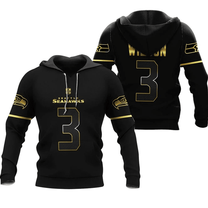 Seattle Seahawks Russell Wilson #3 NFL American Football Team Black Golden Edition 3D Designed Allover Gift For Seattle Fans Hoodie