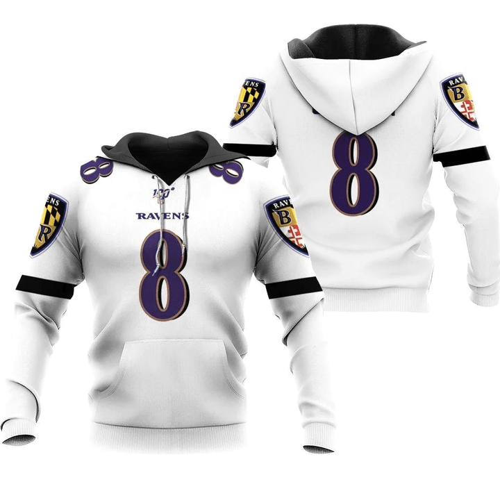 Baltimore Ravens Lamar Jackson #8 NFL Great Player White 100th Season 3D Designed Allover Gift For Baltimore Fans Hoodie