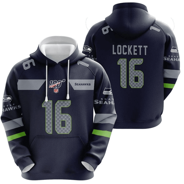 Seattle Seahawks Tyler Lockett #16 NFL American Football Navy 100th Season 3D Designed Allover Gift For Seahawks Fans Hoodie