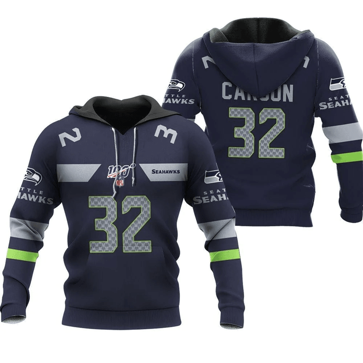 Seattle Seahawks Chris Carson #32 NFL American Football Navy 100th Season 3D Designed Allover Gift For Seahawks Fans Hoodie