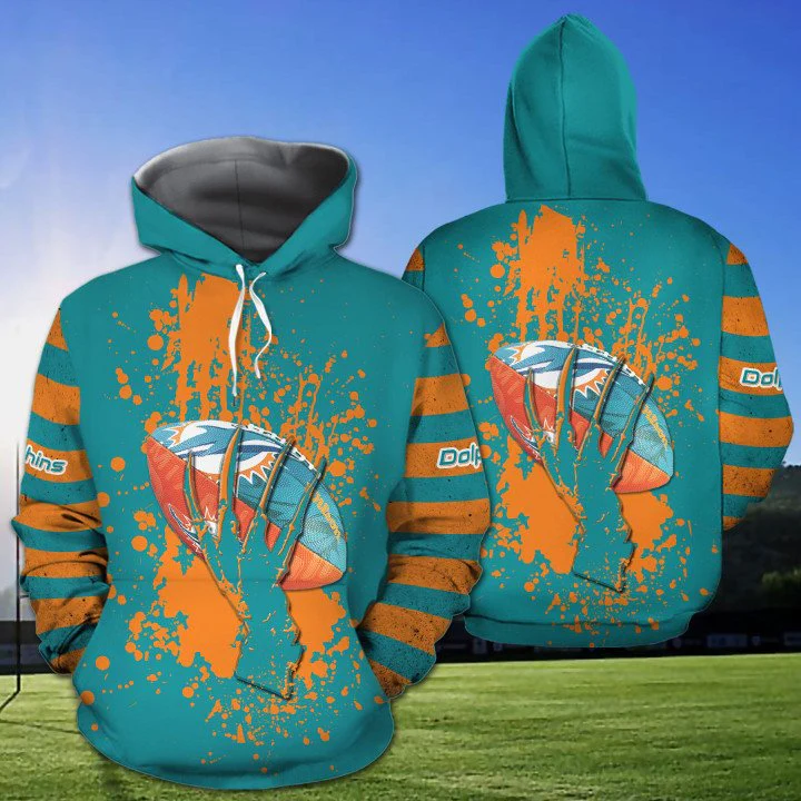 NFL Miami Dolphins Hoodie Skull Hand Logo Ball All Over Print Grunge