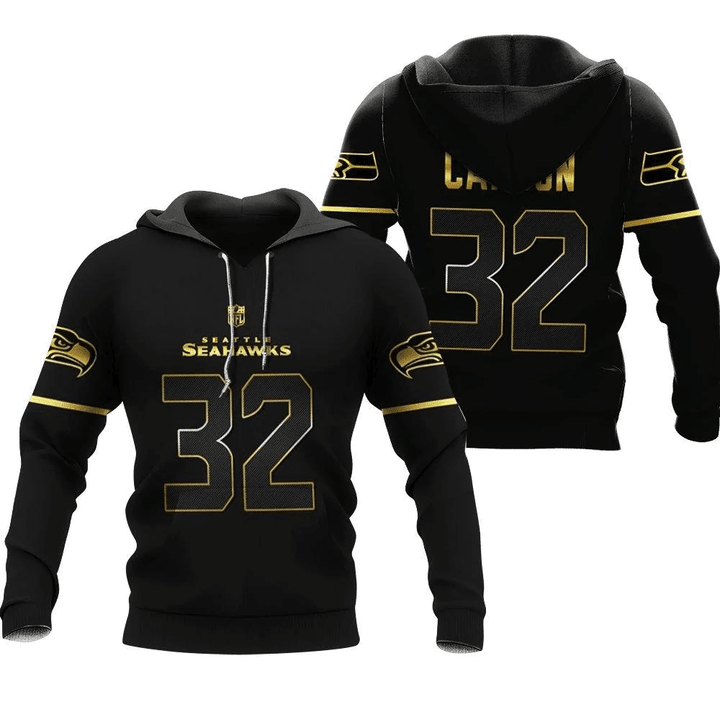 Seattle Seahawks Chris Carson #32 NFL American Football Team Black Golden Edition 3D Designed Allover Gift For Seattle Fans Hoodie