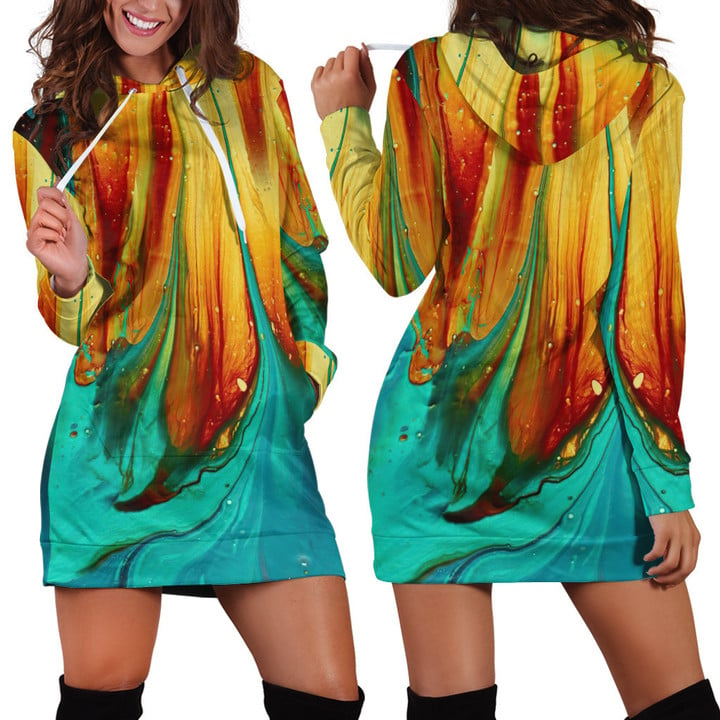 Tie Dye In Green And Yellow Abstract Hoodie Dress 3D