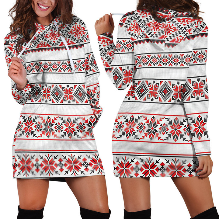Native American Pattern In Red And White Black Hoodie Dress 3D