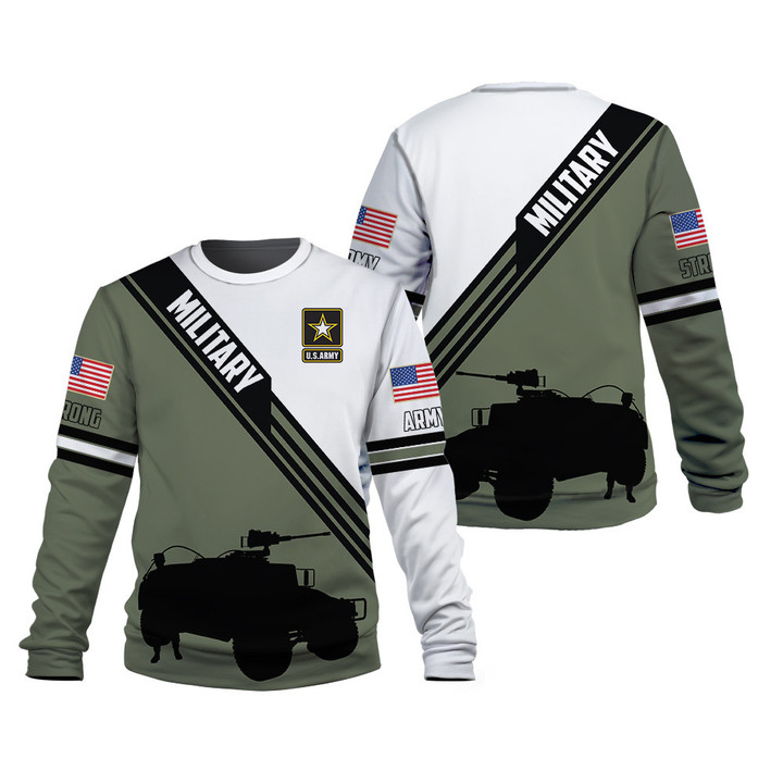 Soldier And Tank Silhouette Green And White Strong Army Military 3d Sweatshirt