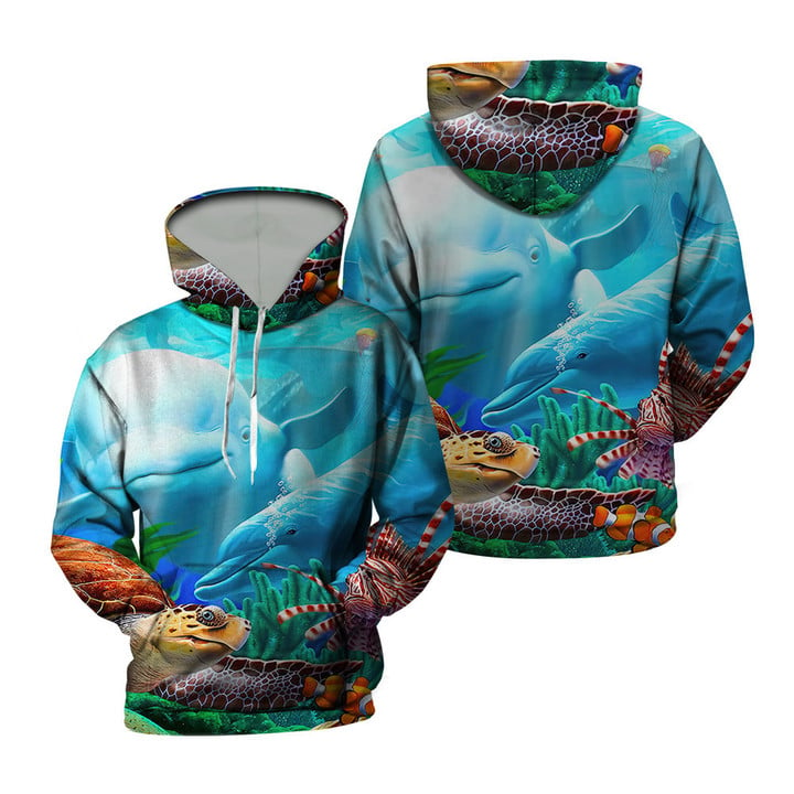 Two Dolphins Playing With Turtle Ocean Art Blue 3d Hoodie