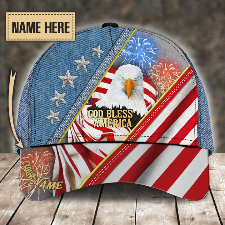 Custom Name Printing Baseball Cap Hat God Bless America Independence Day Eagle Flag