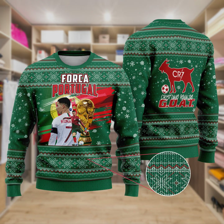 Cristiano Ronaldo Portugal G.O.A.T Soccer FiFa World Cup Qatar 2022 Print Christmas Sweater