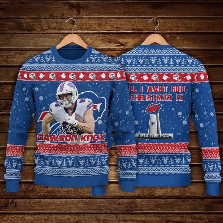 Dawson Knox Buffalo Bills All I Want For Christmas NFL Print Christmas Sweater