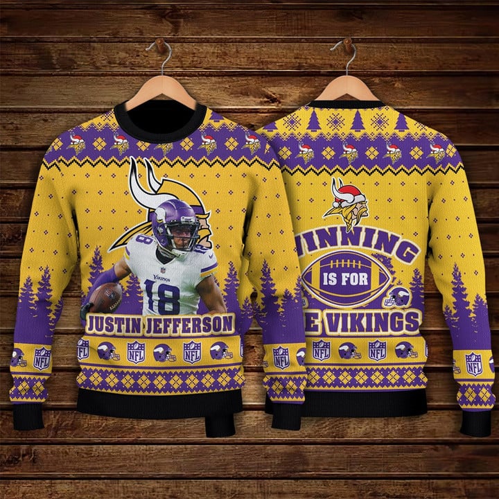 Justin Jefferson Minnesota Vikings Winning Is For The Vikings NFL Print Christmas Sweater