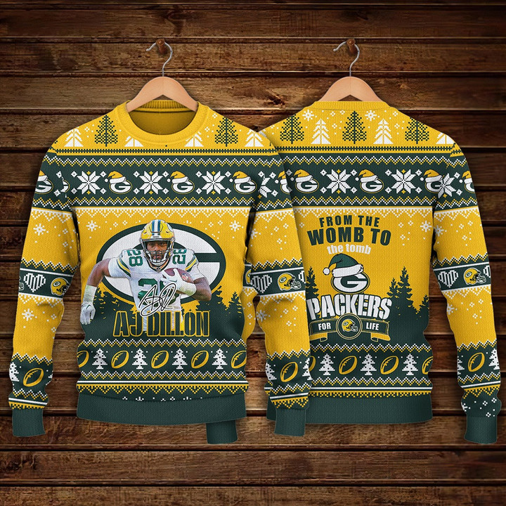 AJ Dillon Green Bay Packers Packers For Life NFL Print Christmas Sweater