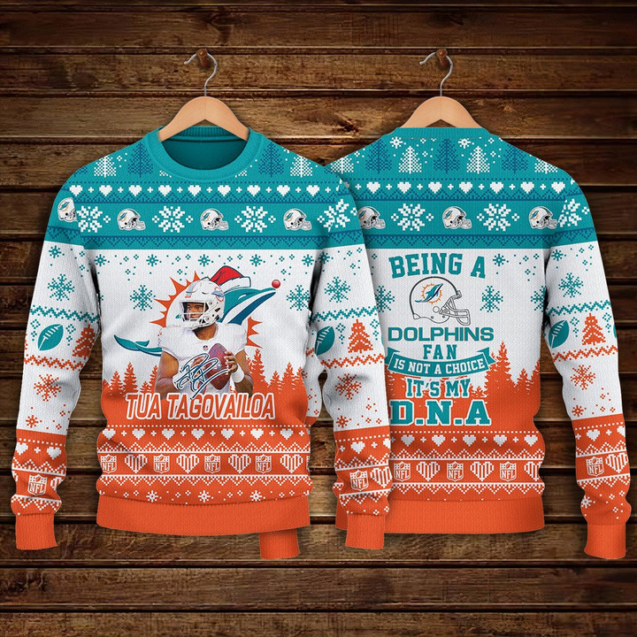 Tua Tagovailoa Miami Dolphins Being A Dolphins Fan Is My D.N.A NFL Print Christmas Sweater