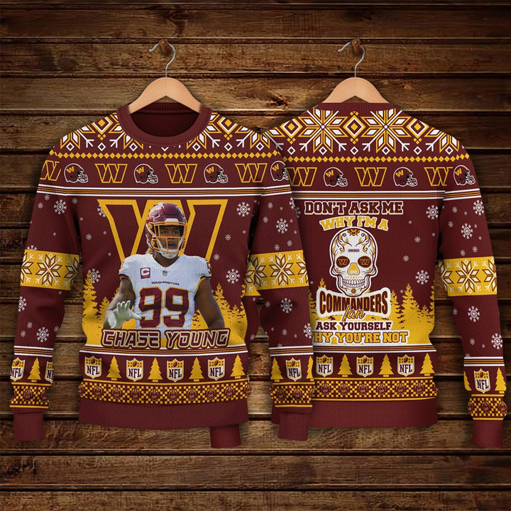 Chase Young Washington Commanders Do Not Ask Me Why I Am A Commanders Fan NFL Print Christmas Sweater