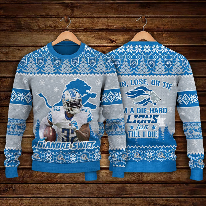 D'Andre Swift Detroit Lions I Am A Die Hard Lions Fan Till I Die NFL Print Christmas Sweater