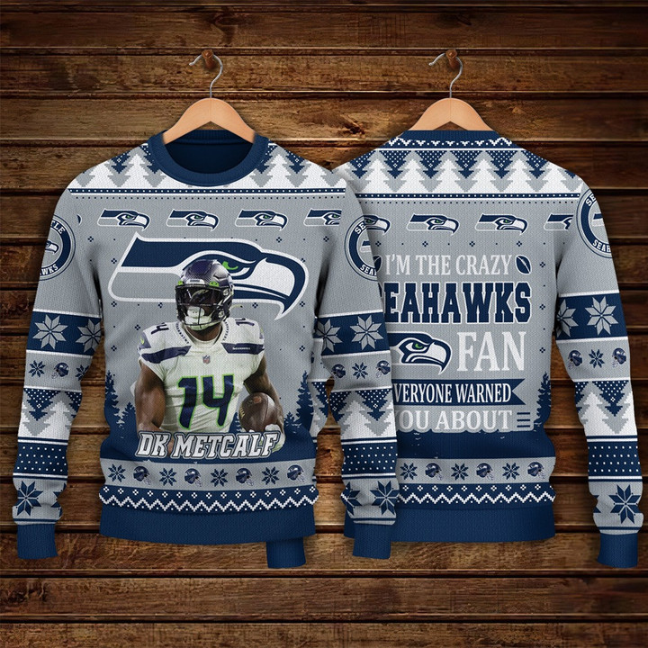 DK Metcalf Seattle Seahawks I Am The Crazy Seahawks NFL Print Christmas Sweater