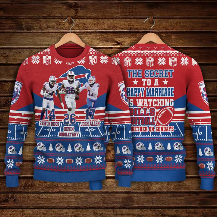 Josh Allen Stefon Diggs Devin Singletary Buffalo Bills The Secret To A Happy Marriage NFL Print Christmas Sweater
