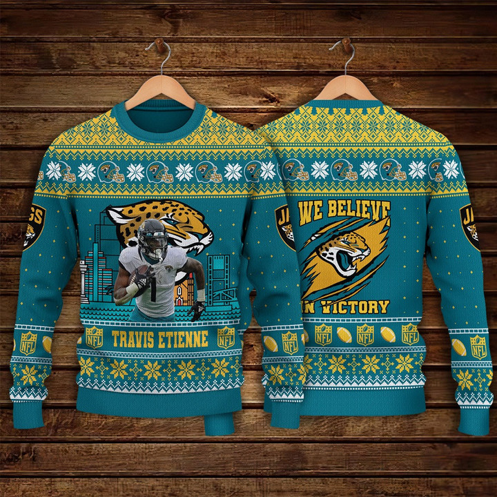 Travis Etienne Jacksonville Jaguars We Believe In Victory NFL Print Christmas Sweater
